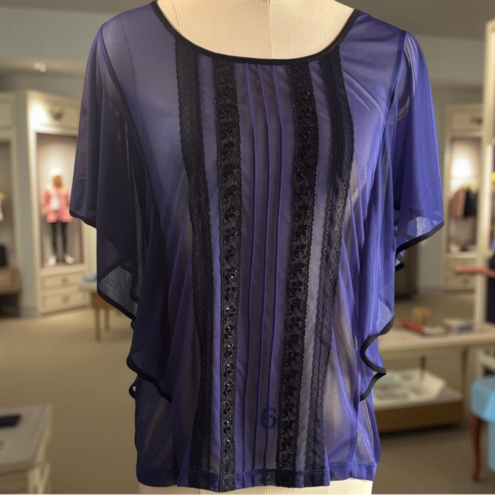 Maurices Sheer Purple Blouse with Black Lace & Beadwork